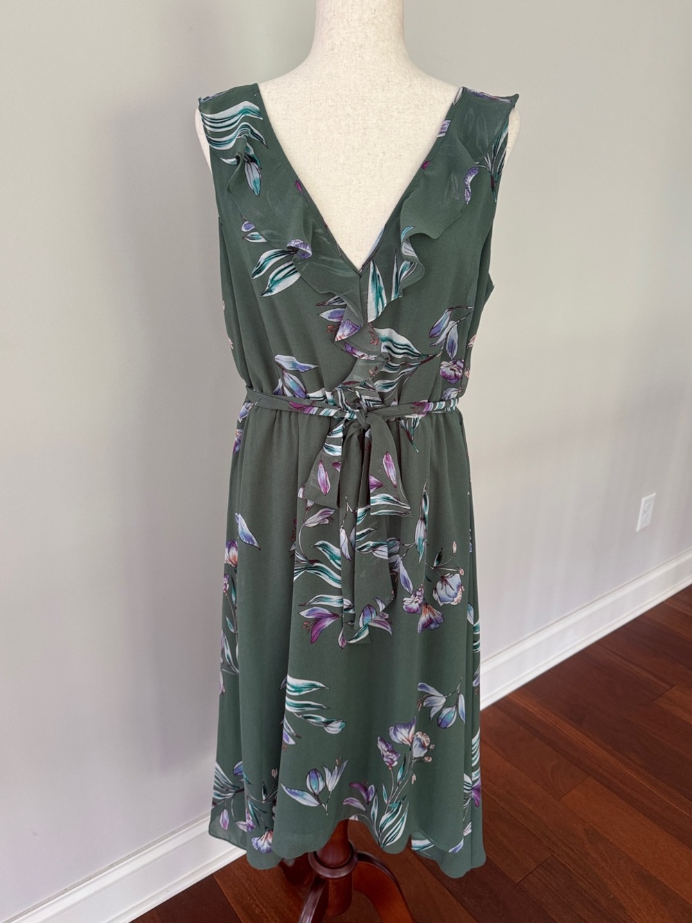 RACHEL Rachel Roy Olive Green Floral Ruffle Wrap Midi Dress